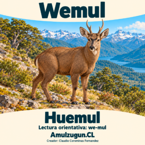 Huemul — ilustración educativa original de Amulzugun.CL